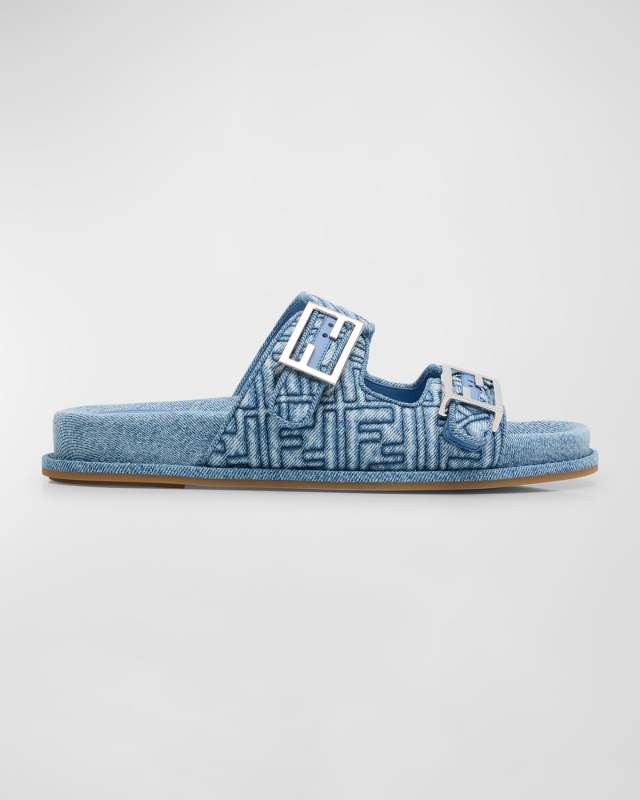 FF Embroidered Denim Dual Buckle Slide Sandals